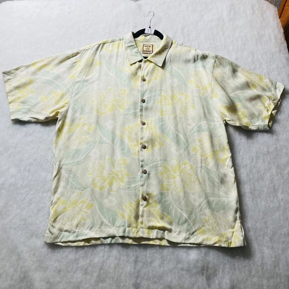 Vintage Tommy Bahama Mens Pale Yellow Floral Silk Hawaiian Button Up Shirt Sz XL - Picture 1 of 6